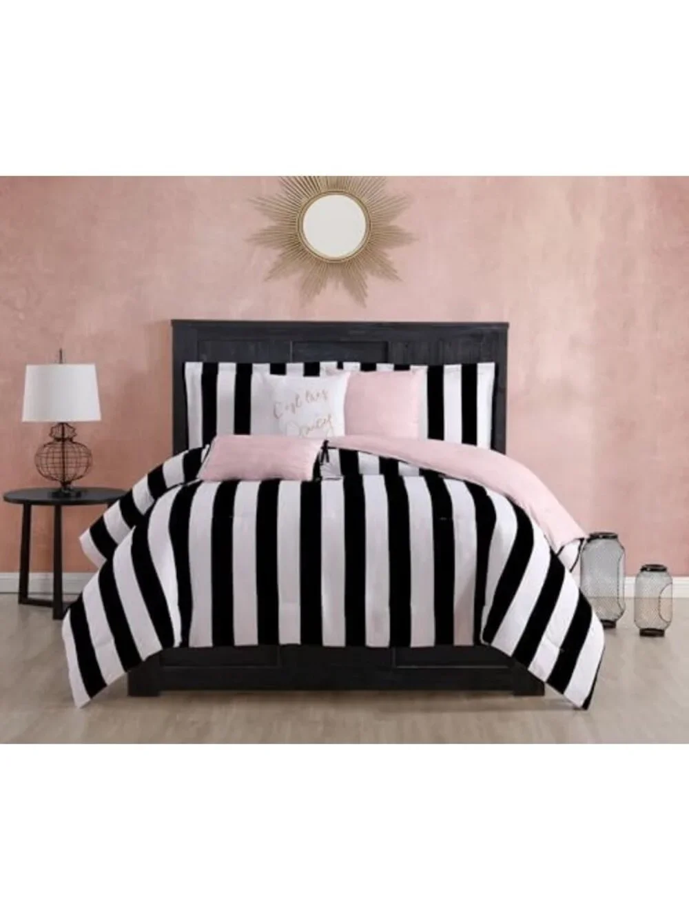 Reversible Queen Bedding Set - Black & White Stripe - 6 Piece Comforter